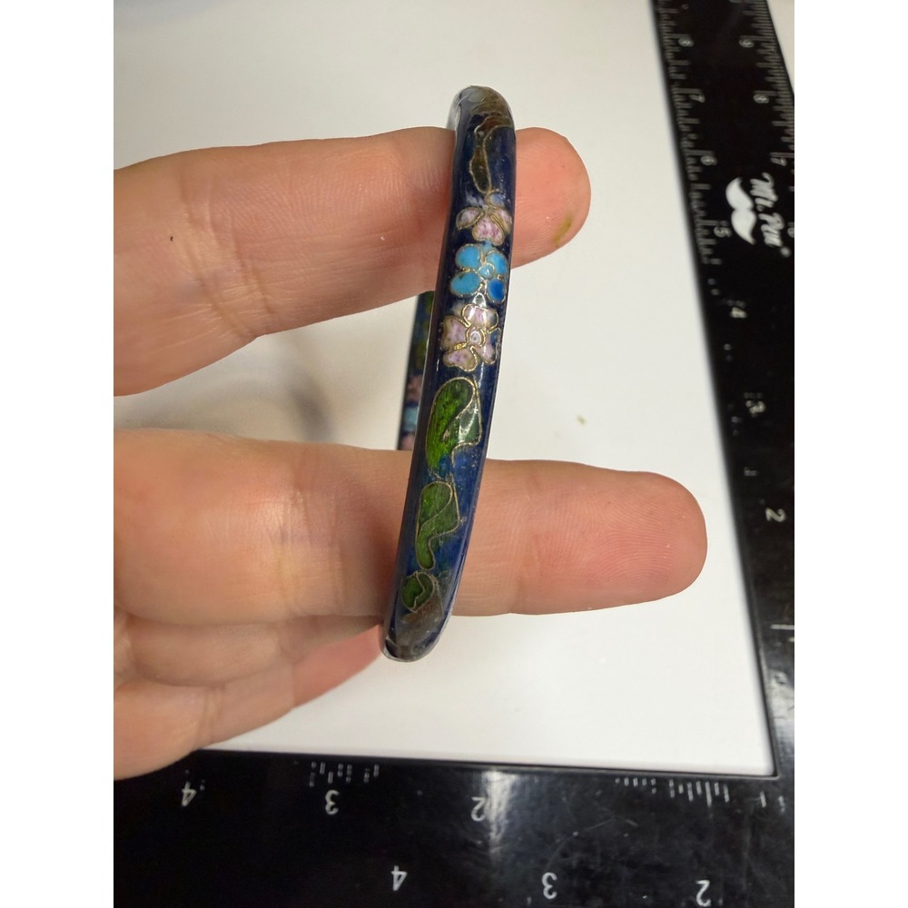 Blue Cloisonne Enamel Floral Bangle Bracelet Gold Tone Wirework Stackable 2.5in
